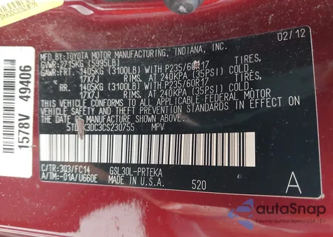 2012 Toyota Sienna Le V6 8 Passenger z USA, uszkodzony, nr VIN 5TDKK3DC3CS230755